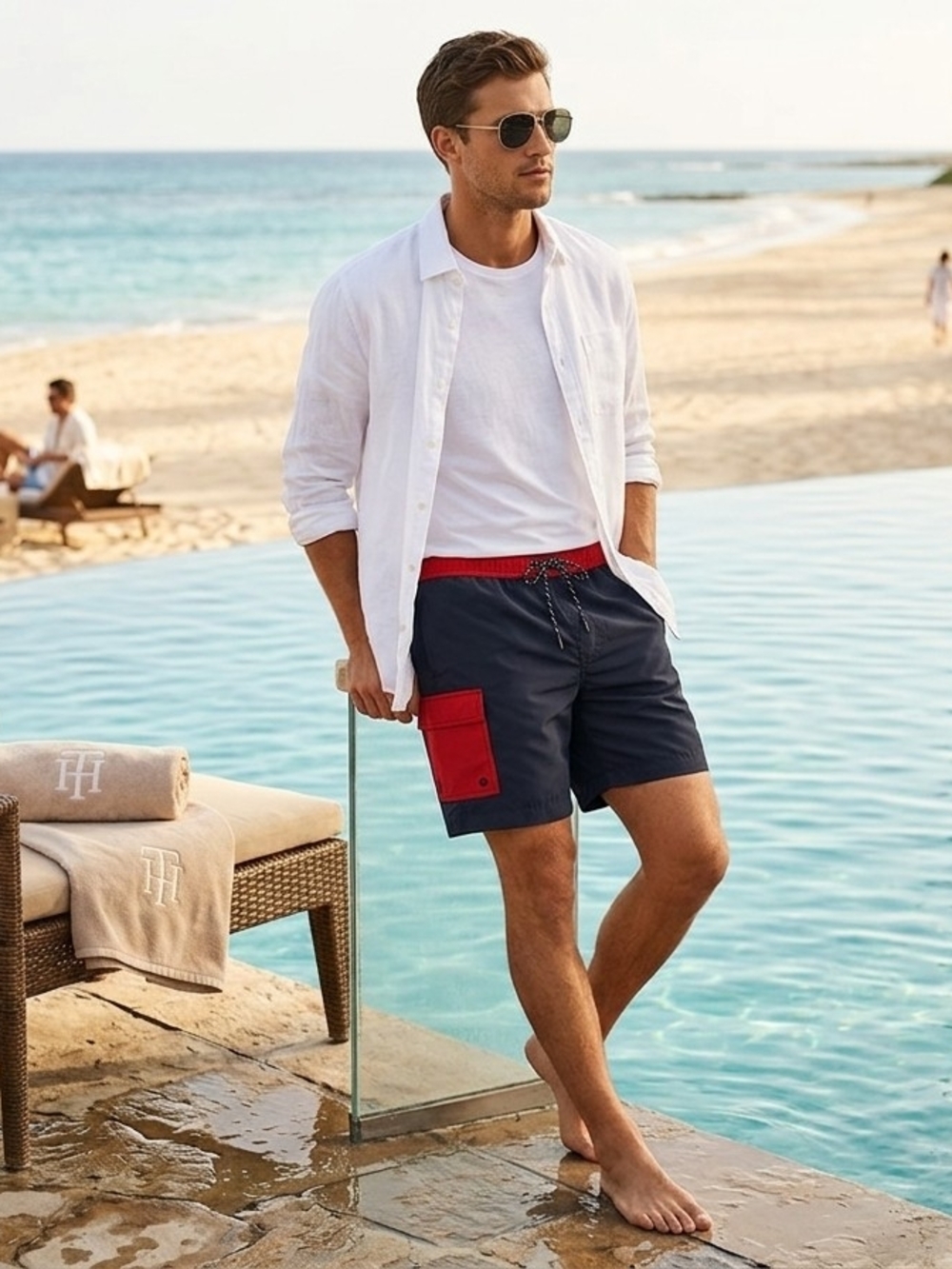 Tommy Hilfiger Navy Swim Shorts with Red Waistband and Pocket
